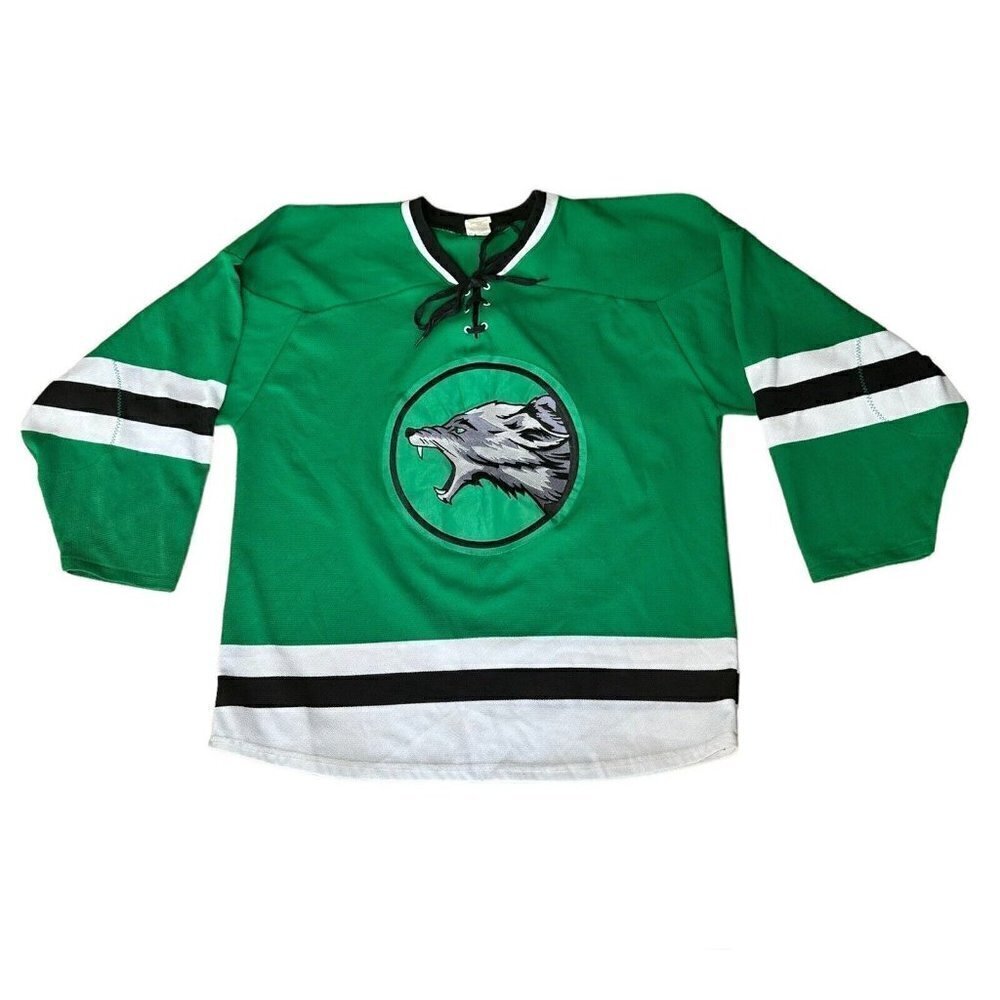 Athletic Knit Mens Beer League Hockey Jersey Embroidered Wolf Crest Green Sz XL